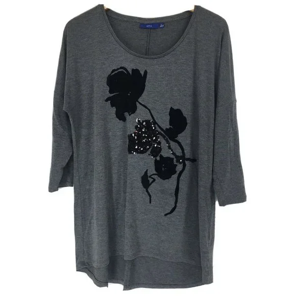 Apt 9 L Large Blouse Gray Black Floral Felt Sequin Print Dolman Drop Sleeve Grey - Picture 6 of 6